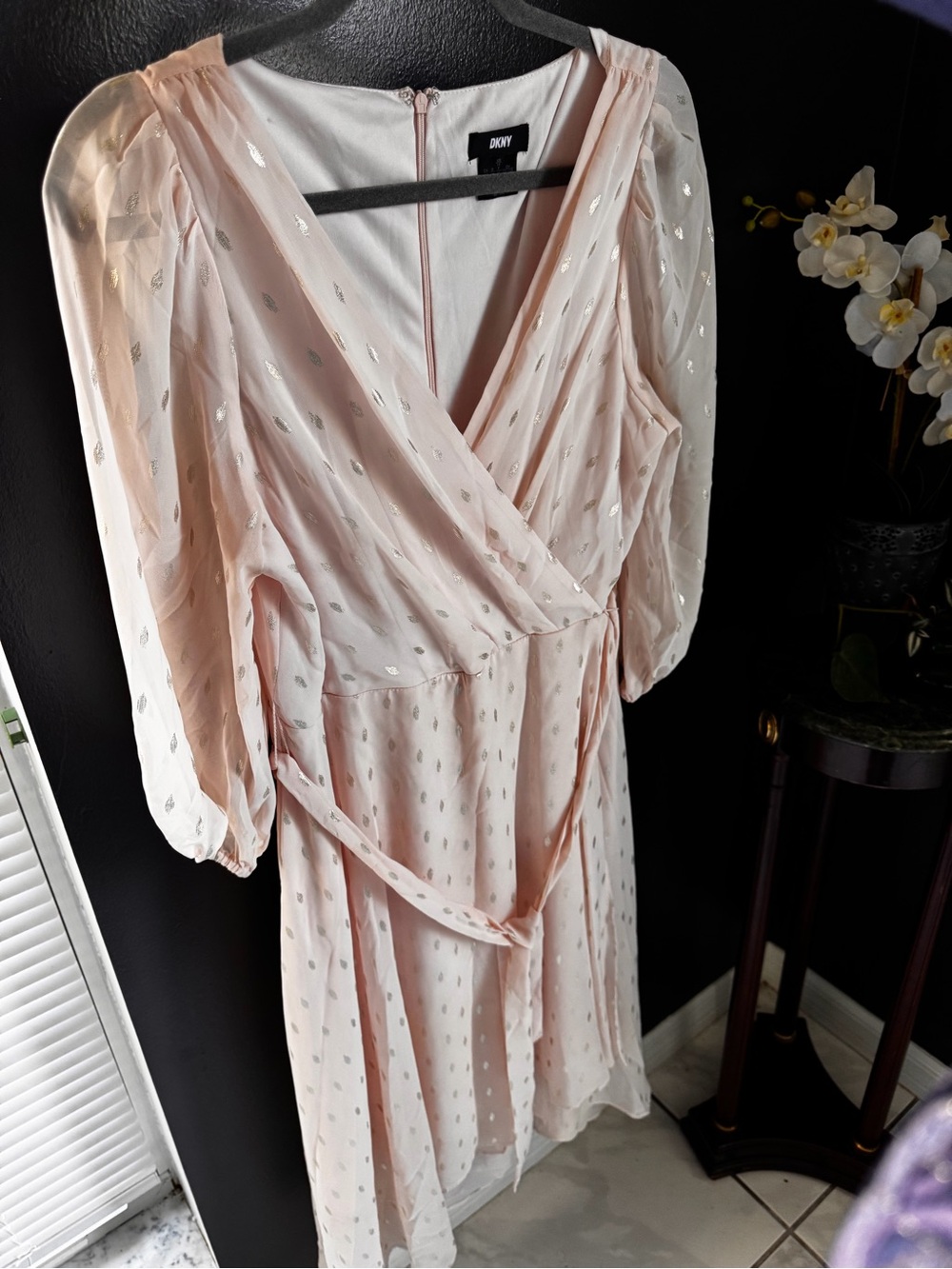 DKNY Pink Wrap Dress with gold Metallic Dot Detail